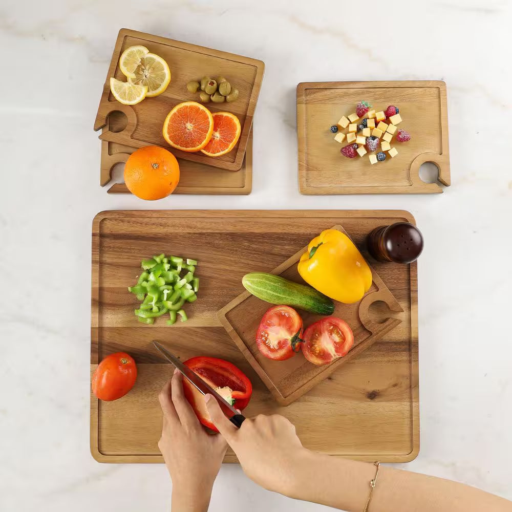 Atelier Acacia Wood 5-Piece Wine and Appetizer Plate Set with Serving Tray - Natural Brown Charcuterie and Cheese Board