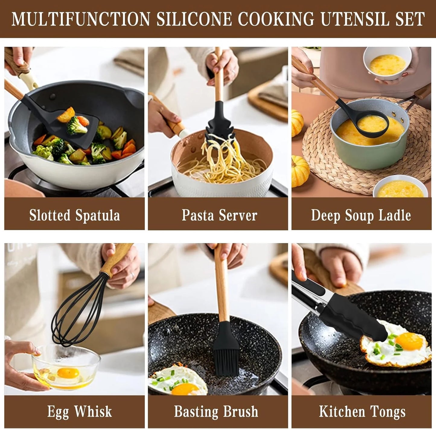 33-Piece Non-Stick Silicone Kitchen Utensils Set with Holder and Wooden Handles (Black)