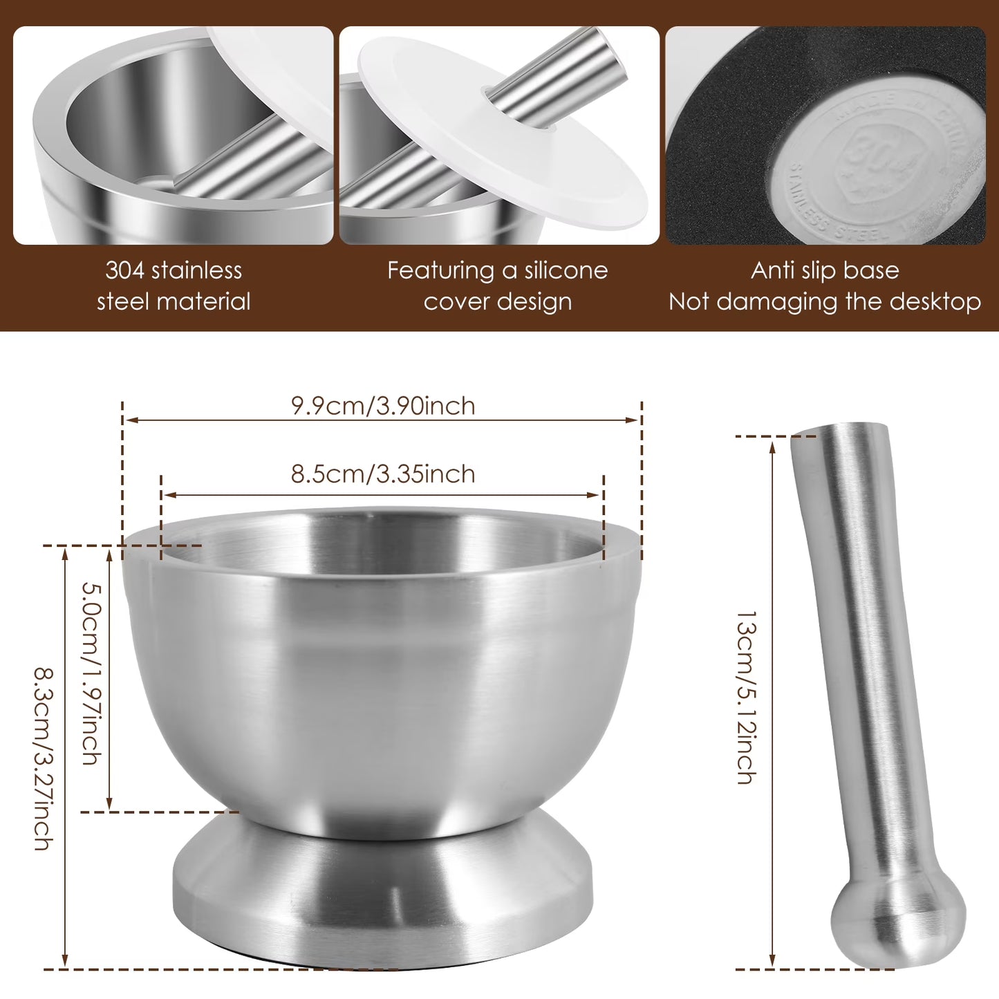 Stainless Steel Mortar and Pestle Set - Efficient Spice Crusher with Silicone Lid and Anti-Slip Base, Rustproof Pill Crusher for Grinding Herbs and Seasonings in the Kitchen