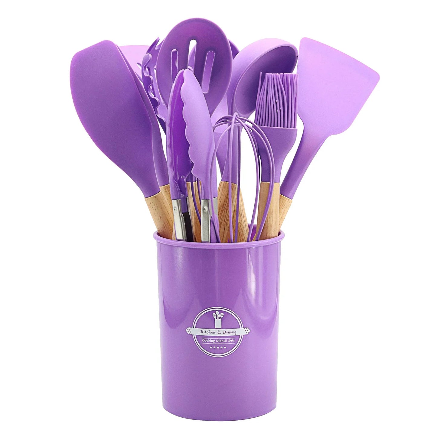 Silicone Kitchen Utensil Set with Wooden Handles - Heat Resistant Up to 446°F, Includes Spatula, Spoon, Brush, and Whisk for Nonstick Cookware