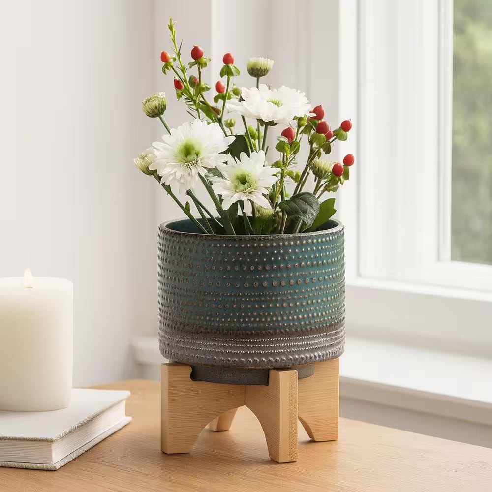 6-Inch Green and Brown Ceramic Planter with Bamboo Stand