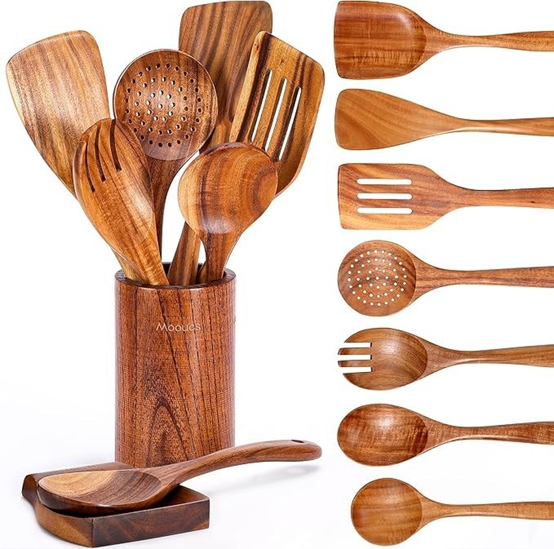 9-Piece Teak Wooden Kitchen Utensil Set – Cozy Cooking Essentials with Spoon Rest