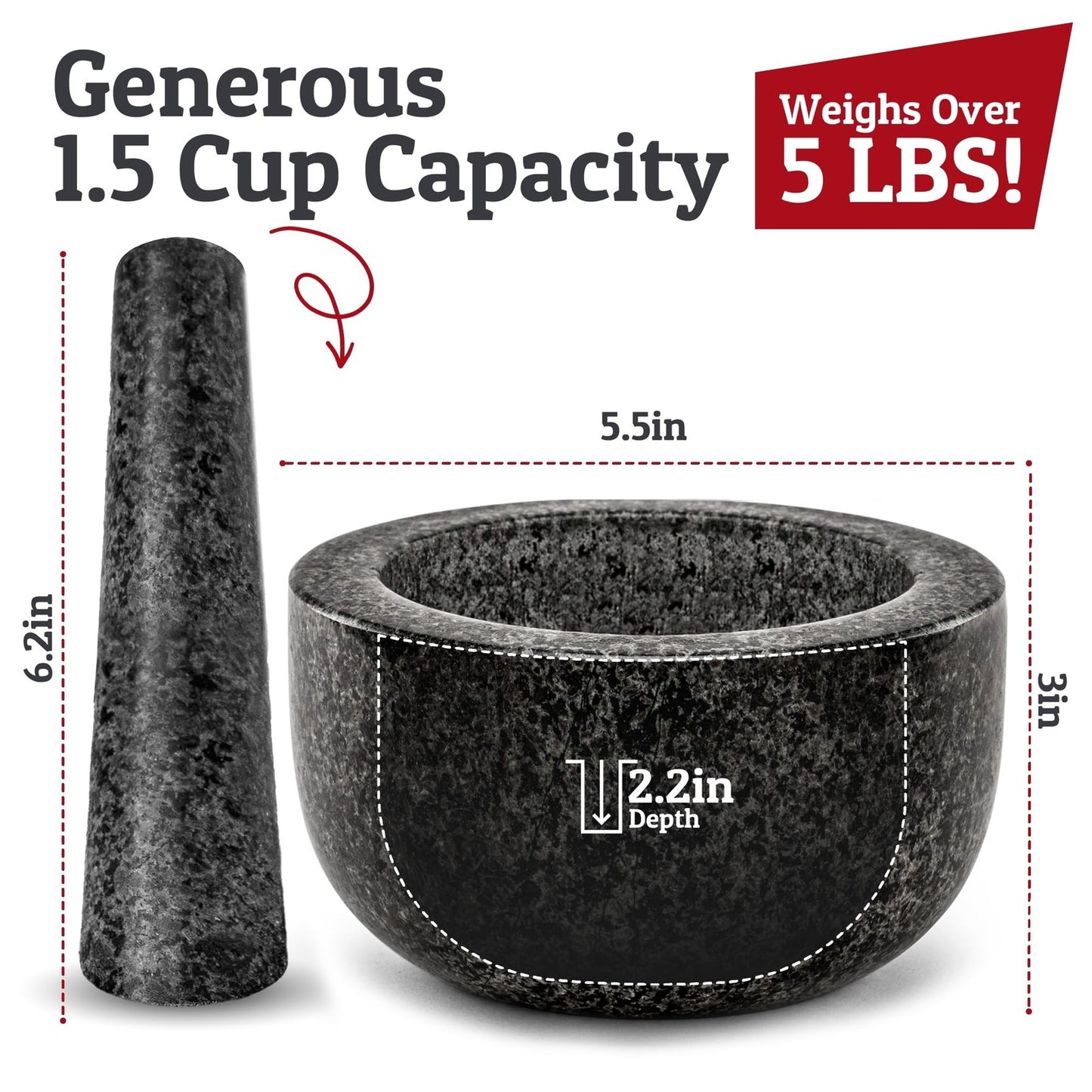 Priority Chef Premium Granite Mortar and Pestle Set, 1.5 Cup Capacity, Durable and Non-Slip Design