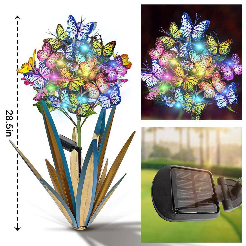 Solar Metal Agave Butterfly Garden Sculpture Set (3 Blue Pieces)