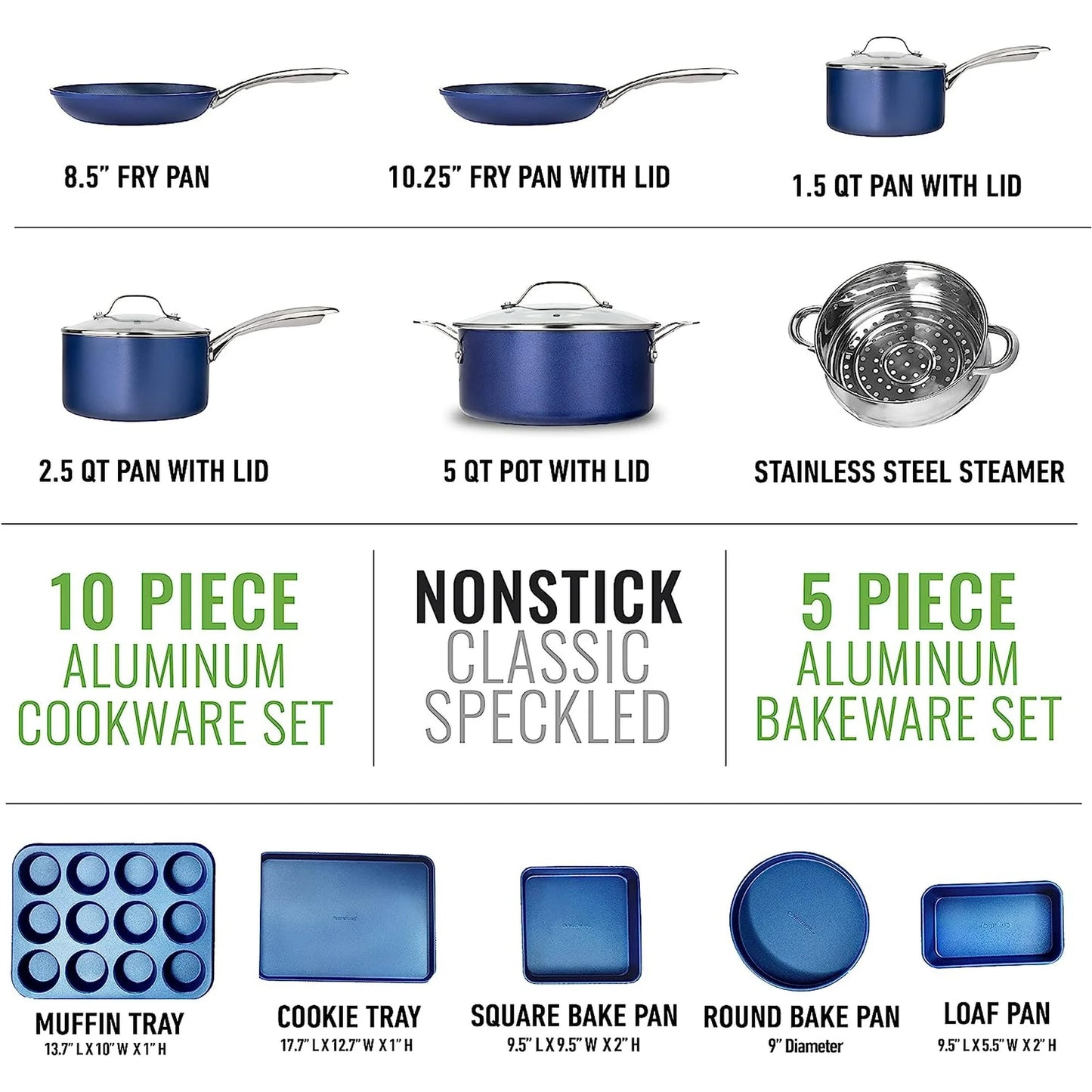 15-Piece Non-Stick Kitchen Cookware Set with Diamond Coating - Dishwasher Safe - Blue