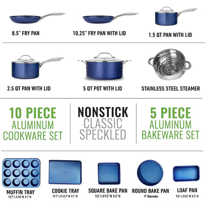 15-Piece Non-Stick Kitchen Cookware Set with Diamond Coating - Dishwasher Safe - Blue