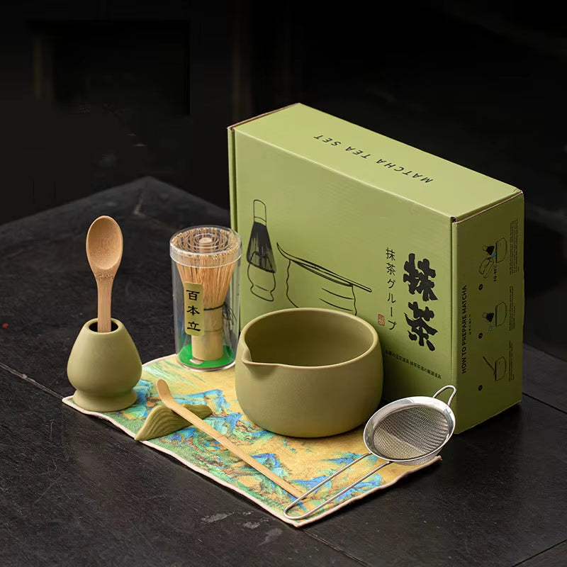8PCS Matcha Whisk Set Bamboo Tea Brush Ceramic Japanese Exquisite Matcha Bowl Box with Whisk Sumptuous for Tea Lovers Tools