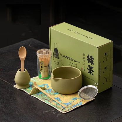 8PCS Matcha Whisk Set Bamboo Tea Brush Ceramic Japanese Exquisite Matcha Bowl Box with Whisk Sumptuous for Tea Lovers Tools