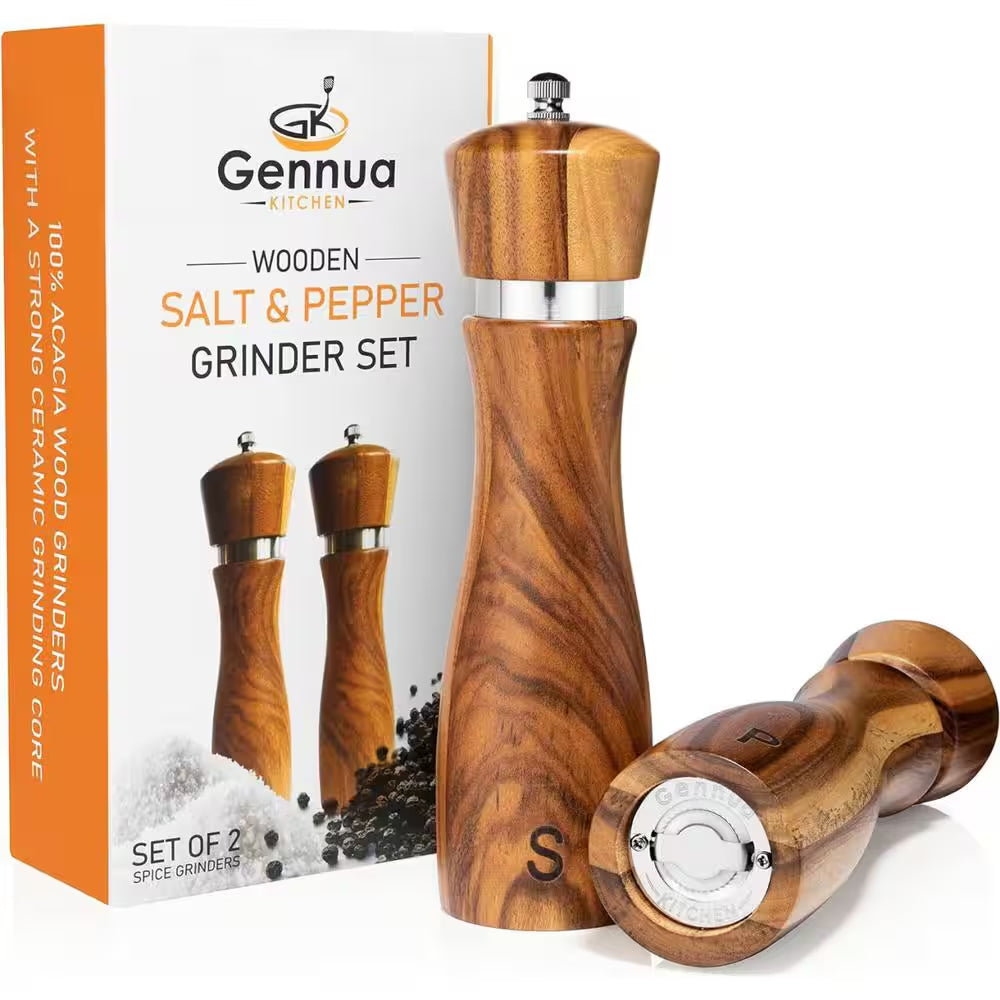 Acacia Wood Salt and Pepper Grinder Set with Adjustable Mills and Ceramic/Stainless Steel Core, 8 Inches