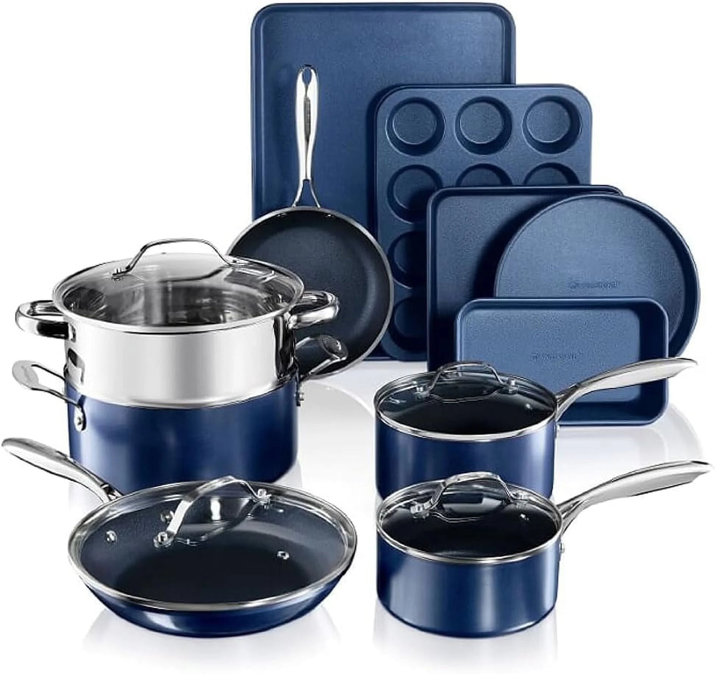 15-Piece Non-Stick Kitchen Cookware Set with Diamond Coating - Dishwasher Safe - Blue