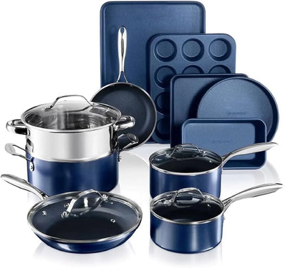 15-Piece Non-Stick Kitchen Cookware Set with Diamond Coating - Dishwasher Safe - Blue