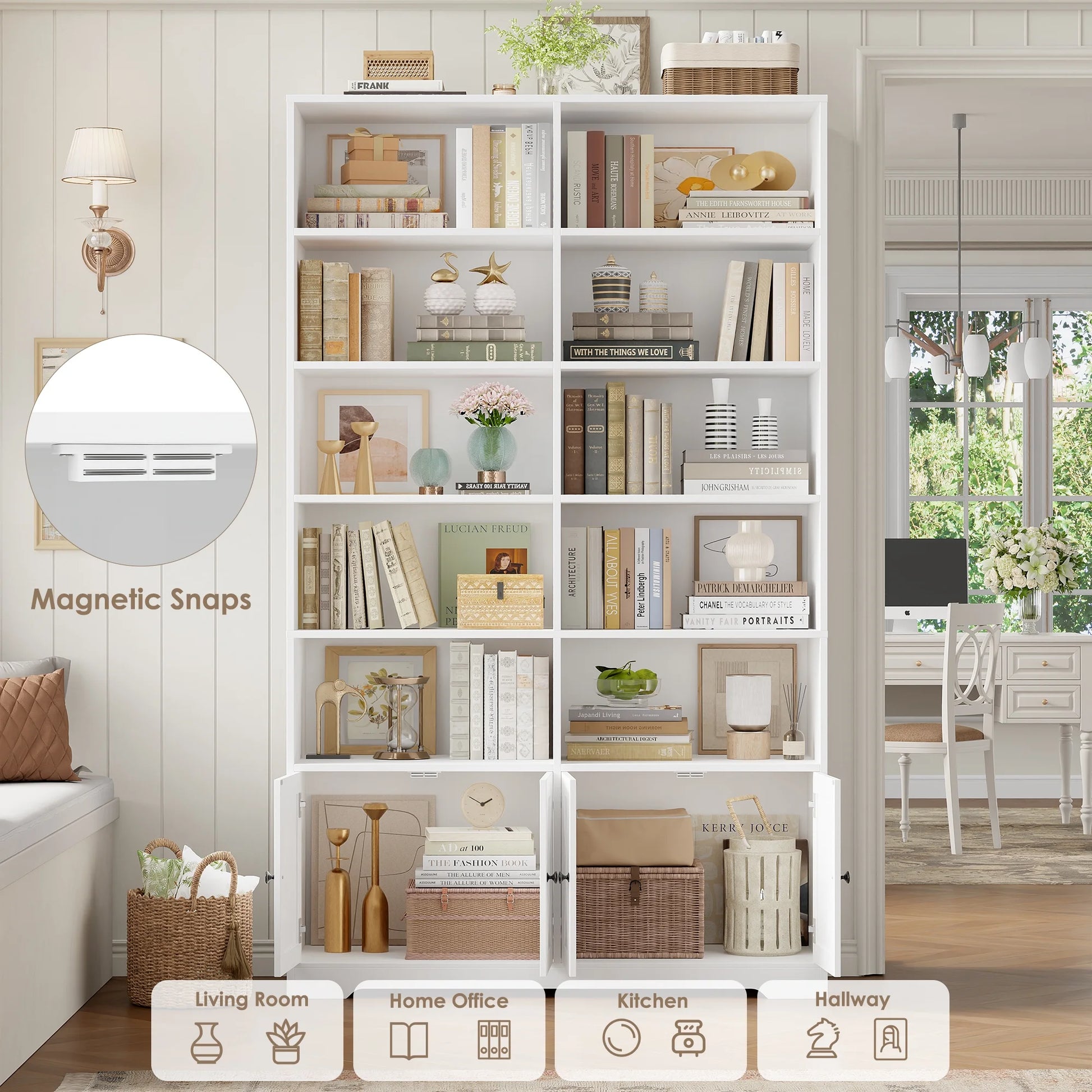 78"H X 47"W Bookcase with Doors, Tall Bookshelves with Storage, 5-Tier Shelves Freestanding Display Bookcase for Home Office and Living Room, White