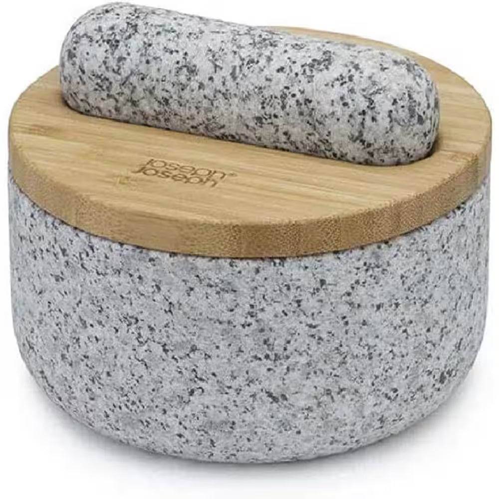Heavy-Duty Natural Granite Mortar and Pestle Set with Bamboo Lid - 5 Inch, Dust-Free Design in Gray