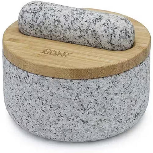 Heavy-Duty Natural Granite Mortar and Pestle Set with Bamboo Lid - 5 Inch, Dust-Free Design in Gray