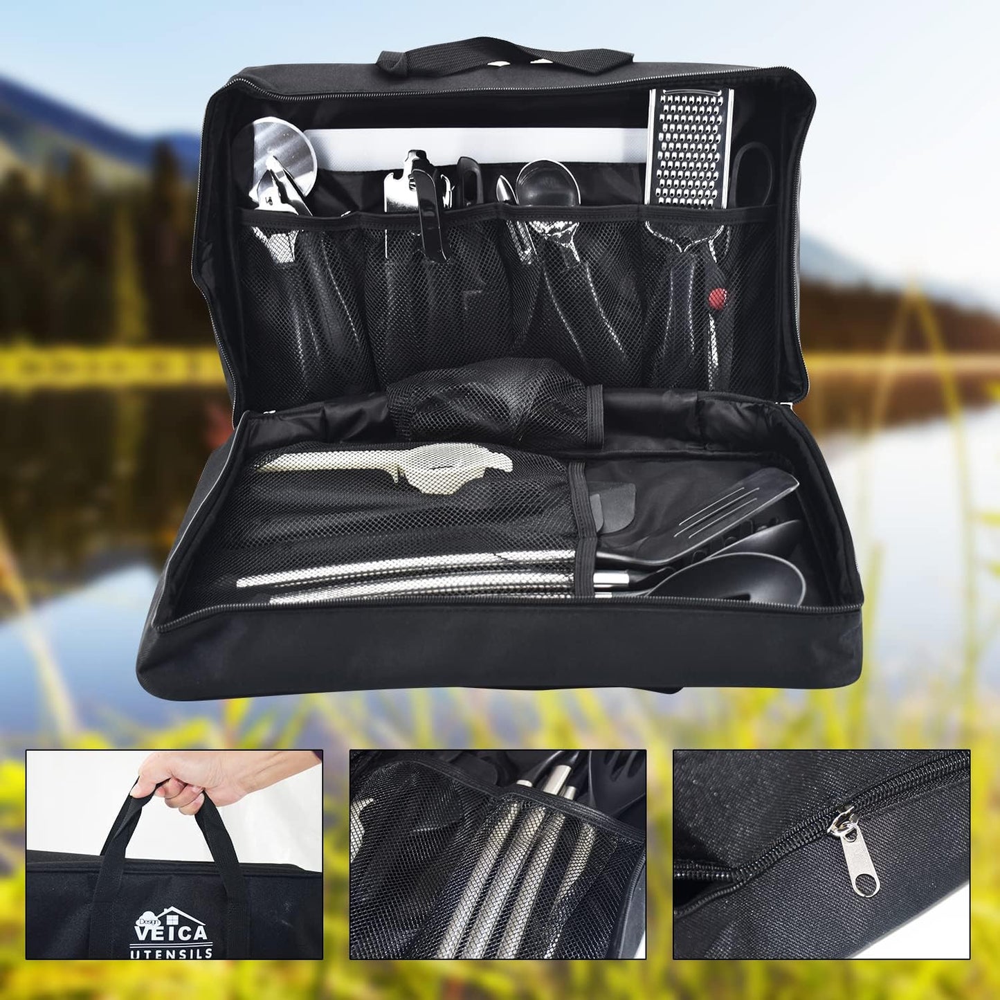 43-Piece Kitchen Utensil Set with Storage Bag - Nylon and Stainless Steel Cooking Tools, Baking Accessories, and Gadgets in Black