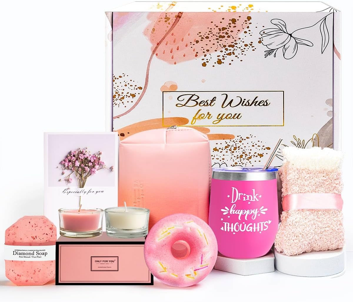 Elegant Spa Gift Box for Women - Ideal Birthday Present for Wife, Mother, Sister, Girlfriend, Daughter, and Best Friend - Includes Wine Tumbler and Spa Bath Set (Pink)