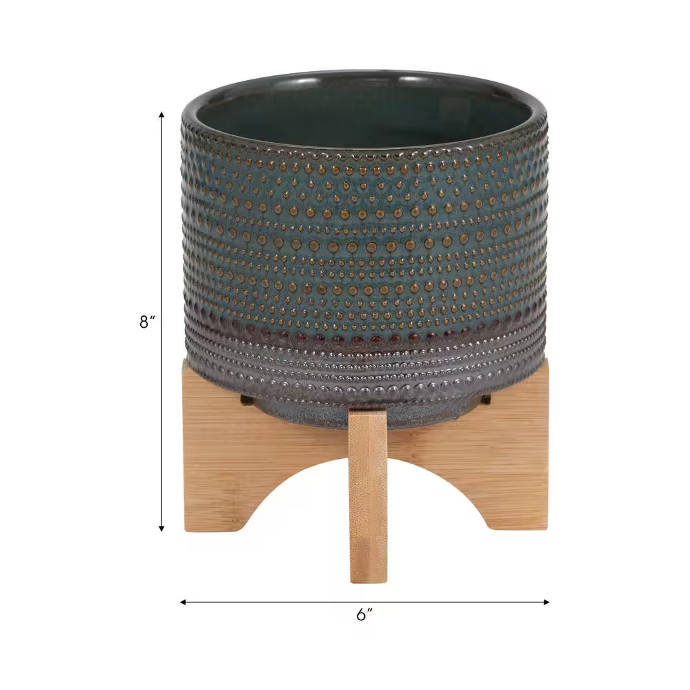 6-Inch Green and Brown Ceramic Planter with Bamboo Stand