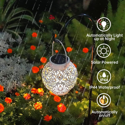 2-Pack Outdoor Solar Hanging Lanterns - Metal LED Decorative Lights for Garden, Patio, Courtyard, Lawn, and Tabletop with Hollowed-Out Design in White.