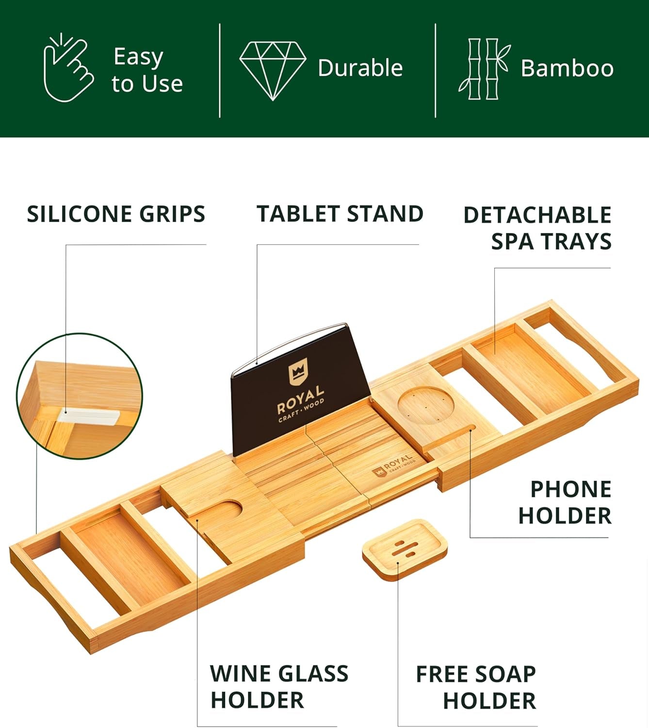 Premium Bamboo Bathtub Tray - Expandable Wooden Caddy for Bathing Accessories, Ideal Gift for New Homes and Mothers