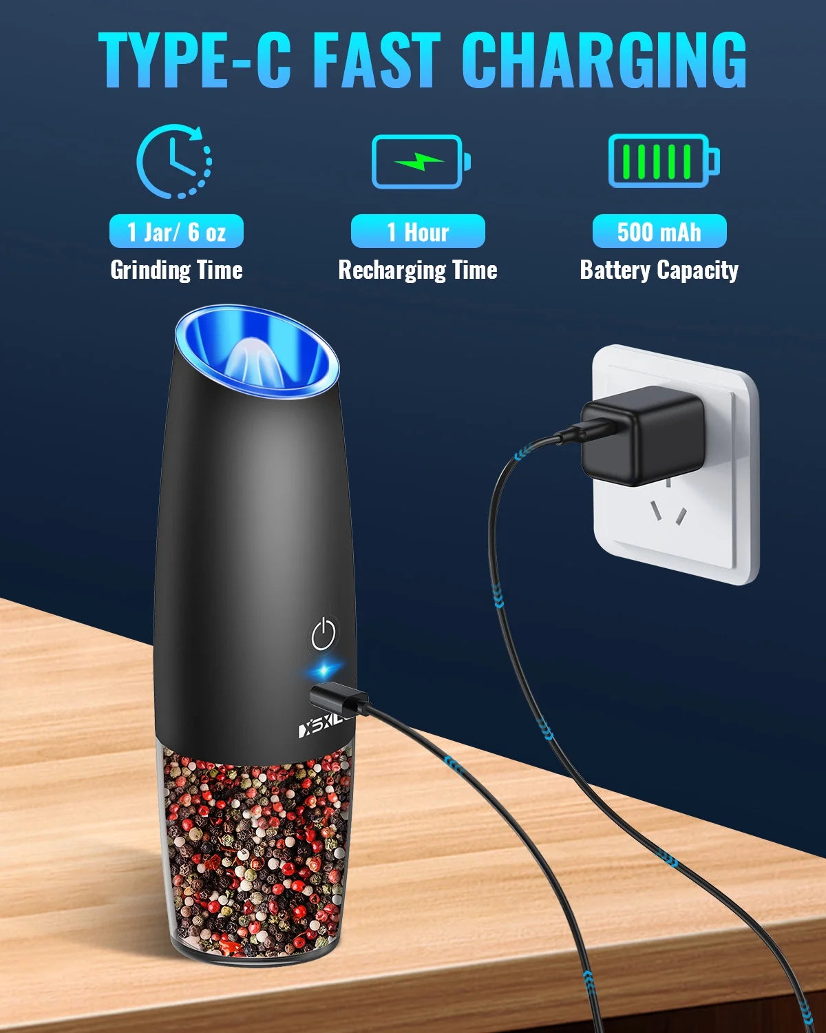 Rechargeable Electric Gravity Salt and Pepper Mill Set - No Batteries Required, Black