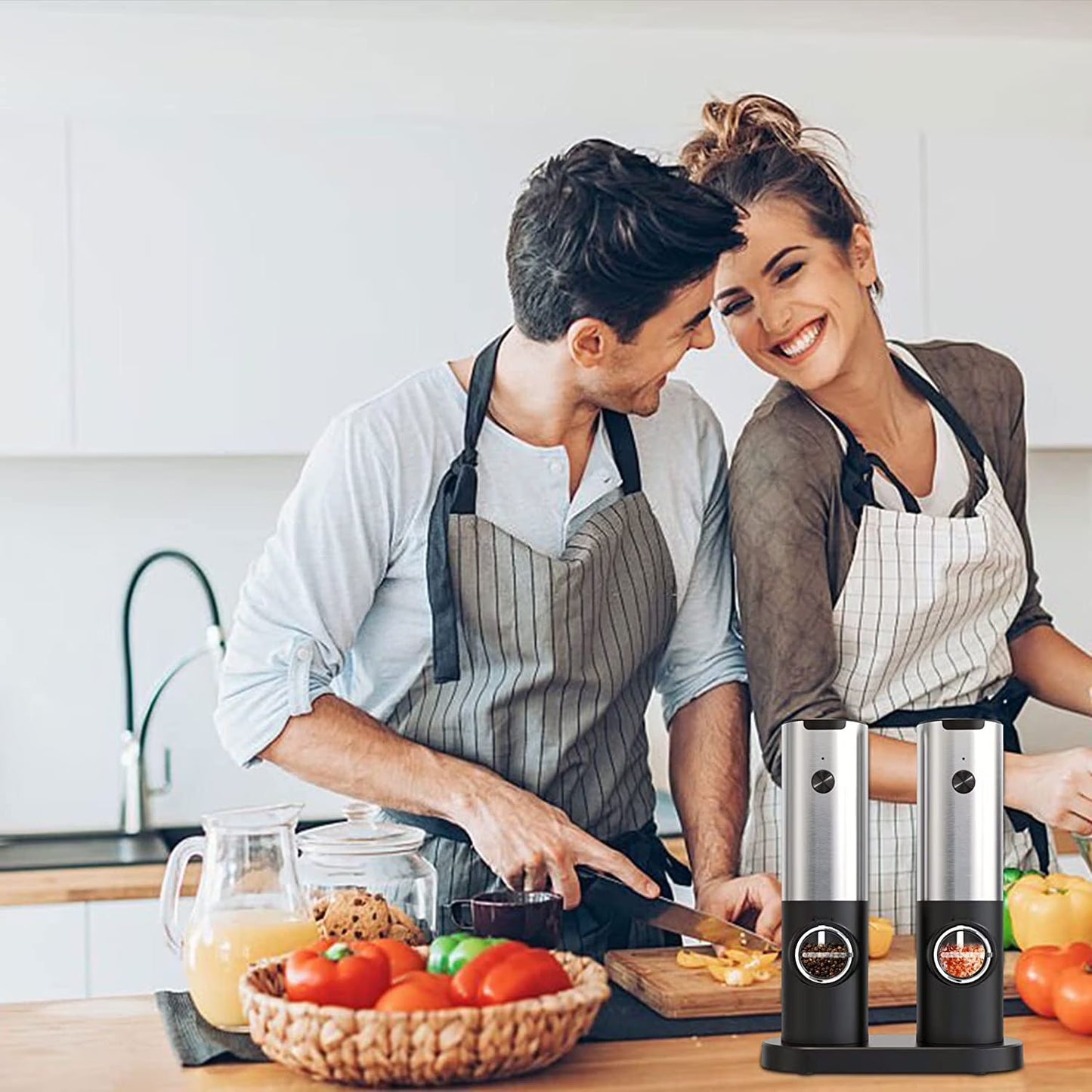 Electric Salt and Pepper Grinder Set - Automatic Rechargeable Spice Mill Shakers with LED Light, Adjustable Coarseness, One-Hand Operation, Stainless Steel Construction