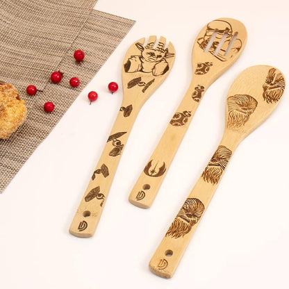 Set of 5 Star Wars Themed Burned Wooden Cooking Spoons and Spatulas - Organic, Non-Stick Kitchen Utensils - Ideal Premium Quality Gifts for Housewarming and Weddings