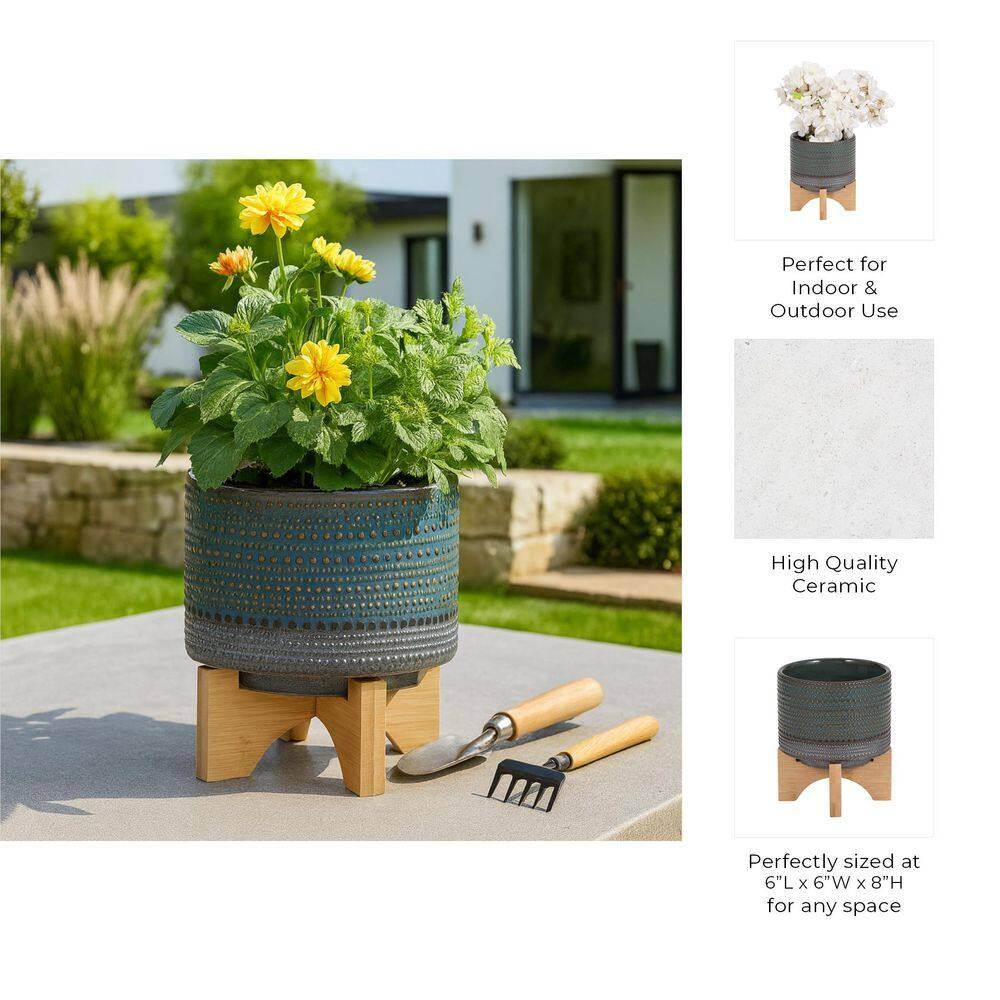 6-Inch Green and Brown Ceramic Planter with Bamboo Stand