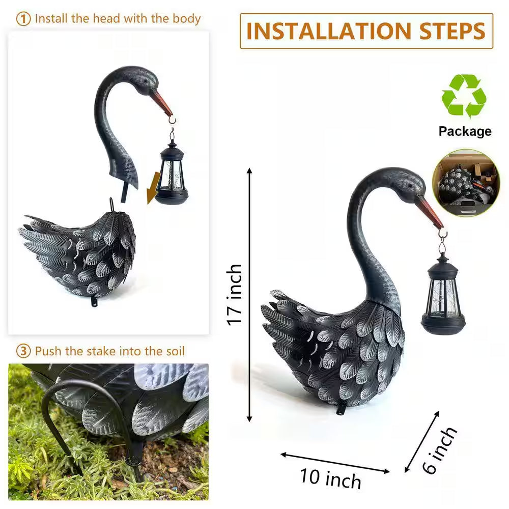 17-Inch Black Metal Solar Swan Garden Statue - Elegant Outdoor Bird Decor for Lawn, Patio, and Poolside