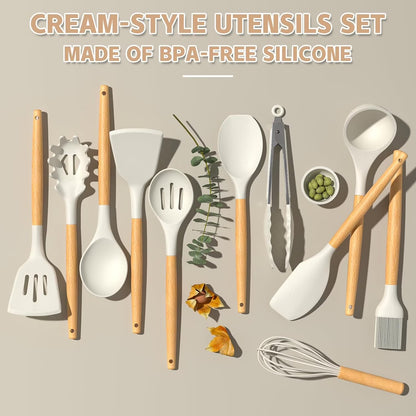 33-Piece Non-Stick Silicone Kitchen Utensil Set with Wooden Handles and Holder (Cream White)