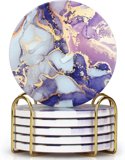 Purple Agate Coaster Set with Holder - Modern Marble Coasters, Set of 6