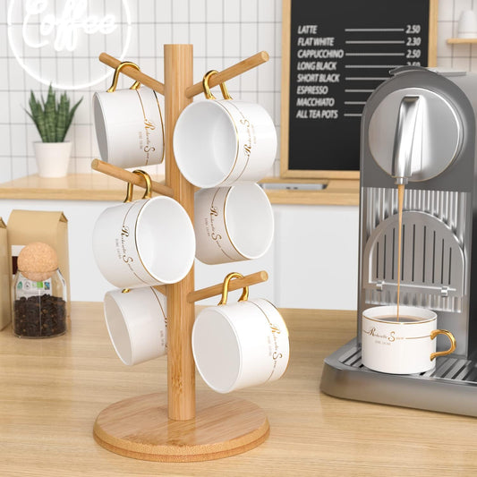 Bamboo Coffee Mug Tree with Enhanced Stability - Countertop Stand Featuring 6 Hooks