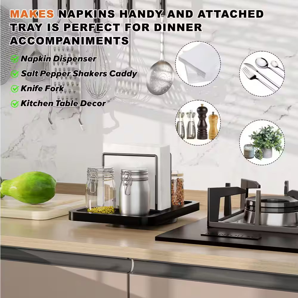 Black Metal Rotating Napkin Holder with Caddy for Salt and Pepper Shakers (Shakers Not Included)