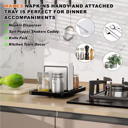 Black Metal Rotating Napkin Holder with Caddy for Salt and Pepper Shakers (Shakers Not Included)