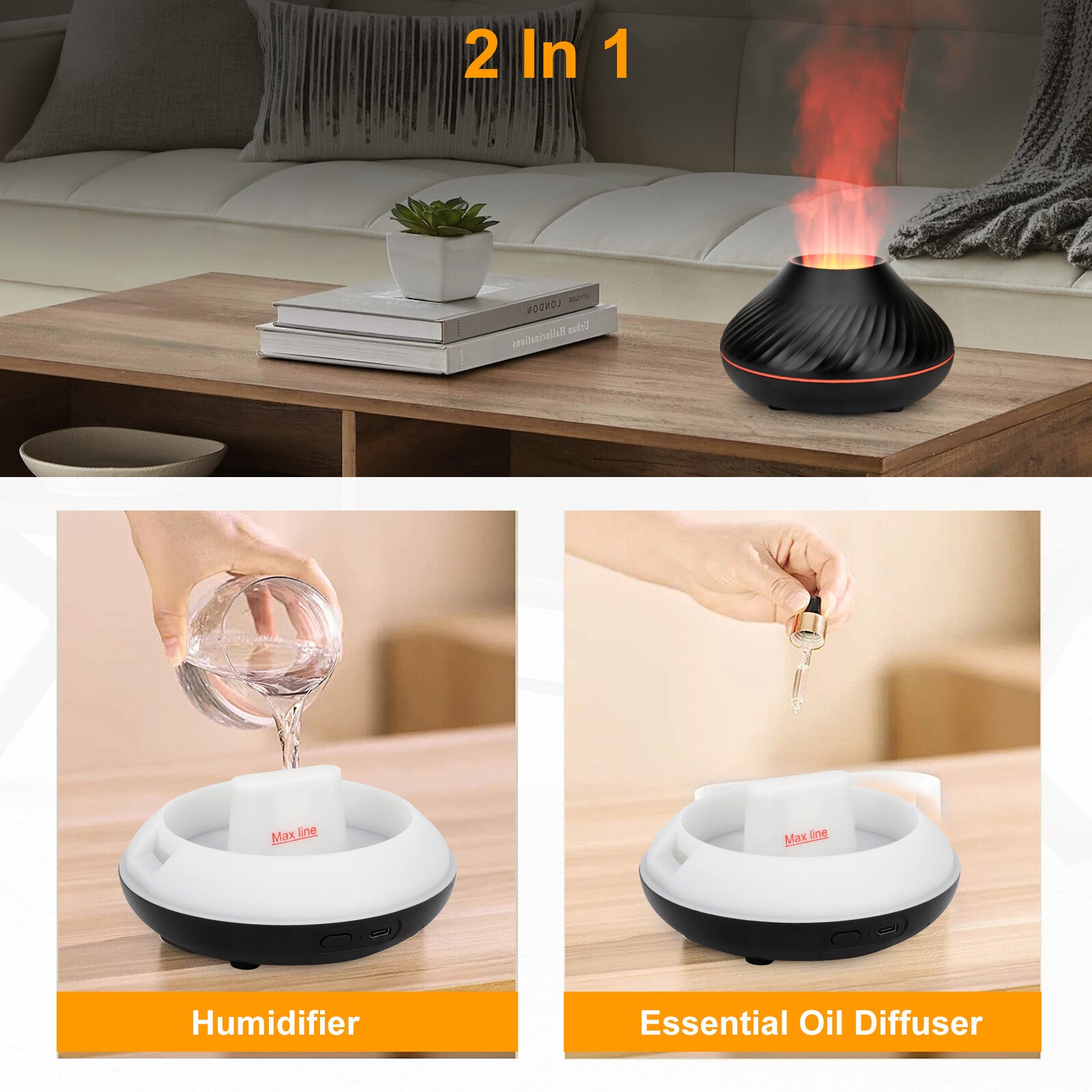 Elegant Fire Flame Aroma Diffuser with Essential Oil, Air Humidification, and LED Aromatherapy Features