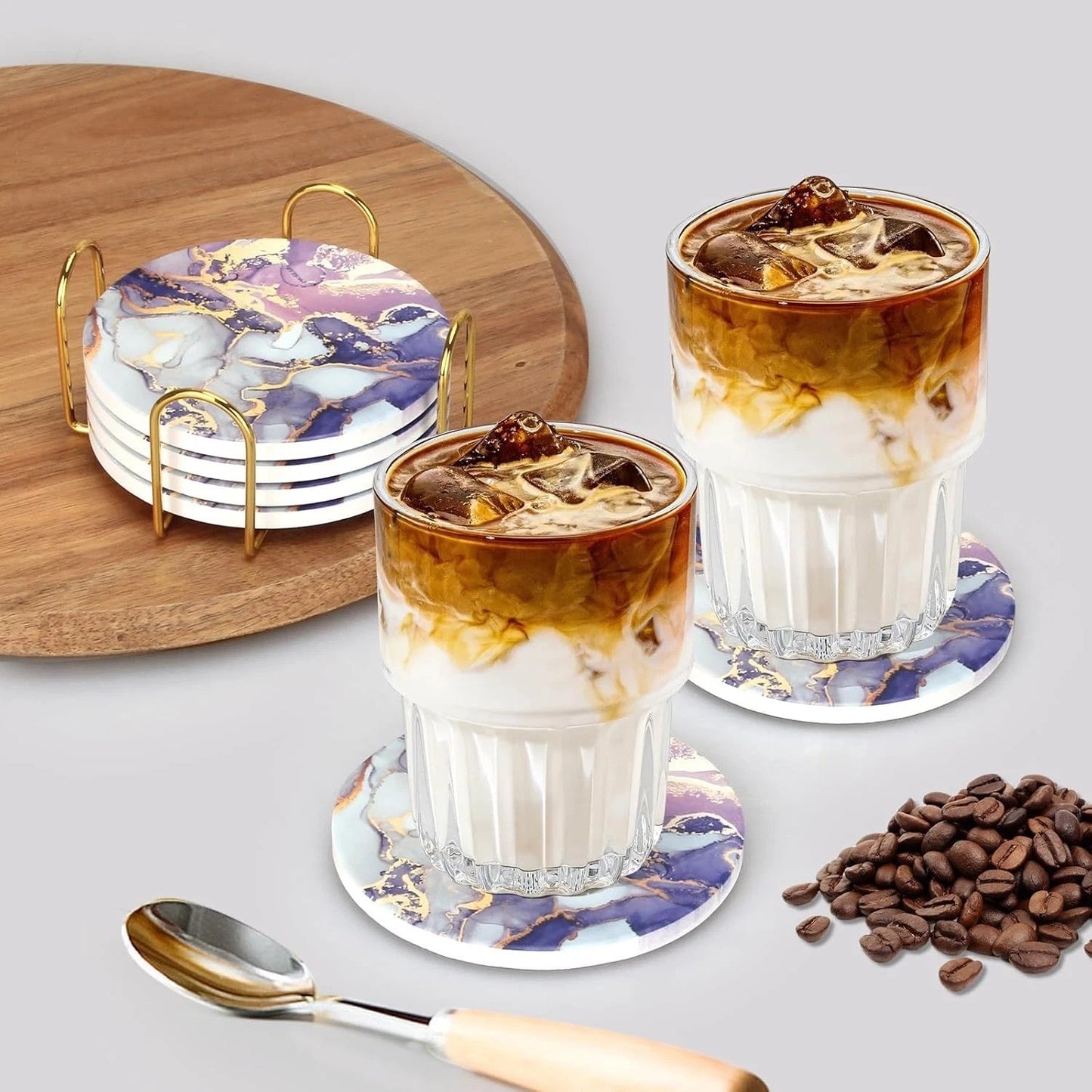 Purple Agate Coaster Set with Holder - Modern Marble Coasters, Set of 6