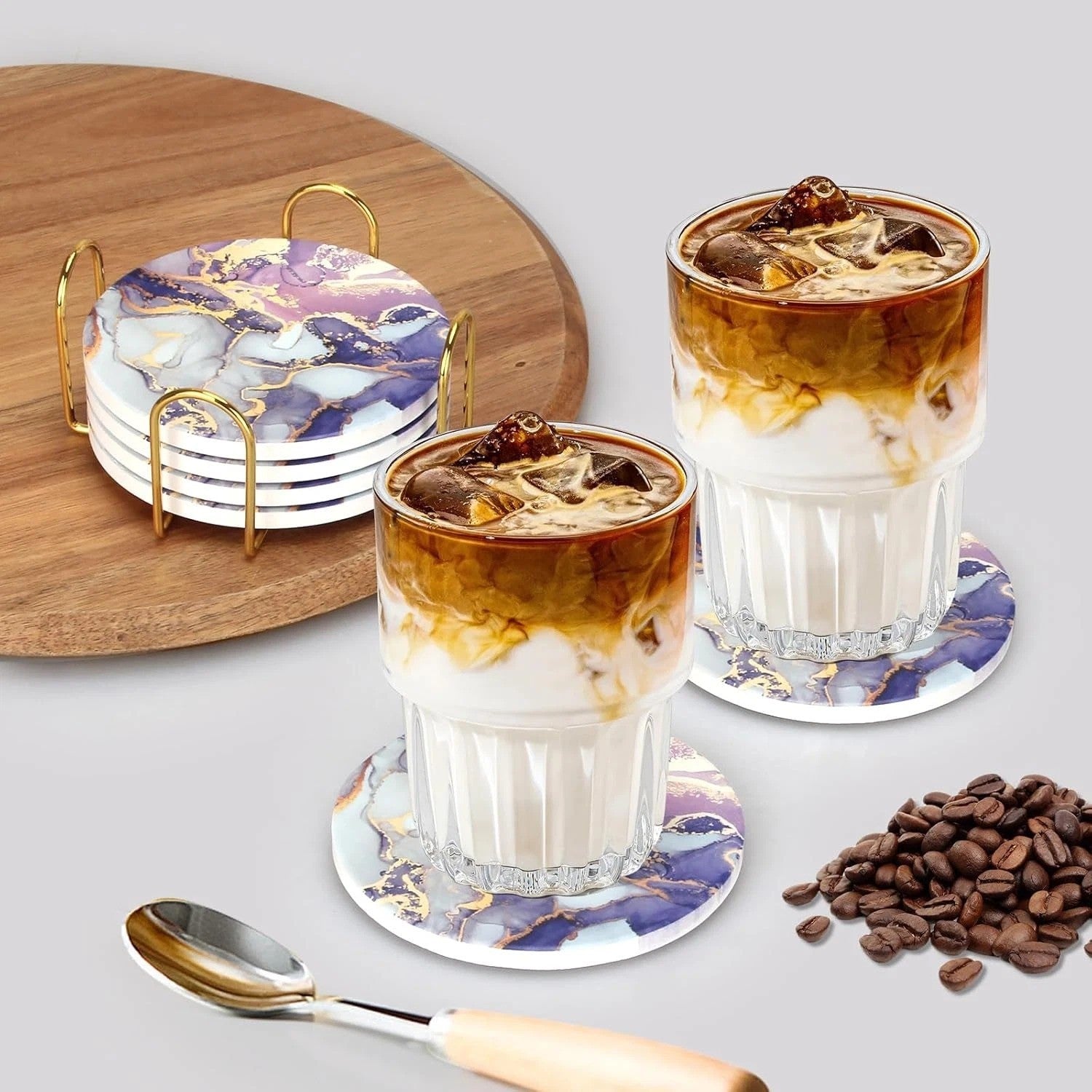 Purple Agate Coaster Set with Holder - Modern Marble Coasters, Set of 6