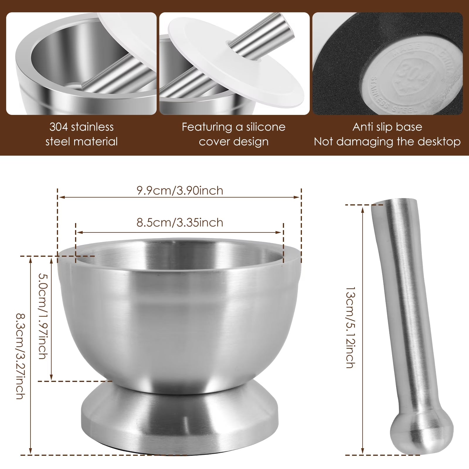 Stainless Steel Mortar and Pestle Set - Efficient Spice Crusher with Silicone Lid and Anti-Slip Base, Rustproof Pill Crusher for Grinding Herbs and Seasonings in the Kitchen