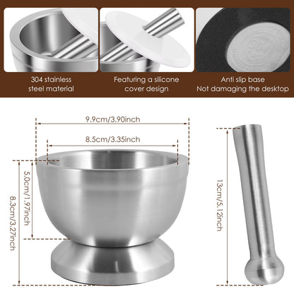 Stainless Steel Mortar and Pestle Set - Efficient Spice Crusher with Silicone Lid and Anti-Slip Base, Rustproof Pill Crusher for Grinding Herbs and Seasonings in the Kitchen