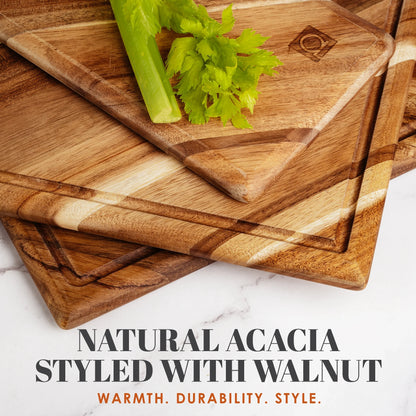 Chorus Acacia Wood Cutting Board Set with Juice Groove - 3-Piece Natural Hardwood Kitchen Chopping Boards for Meat, Vegetables, and Cheese