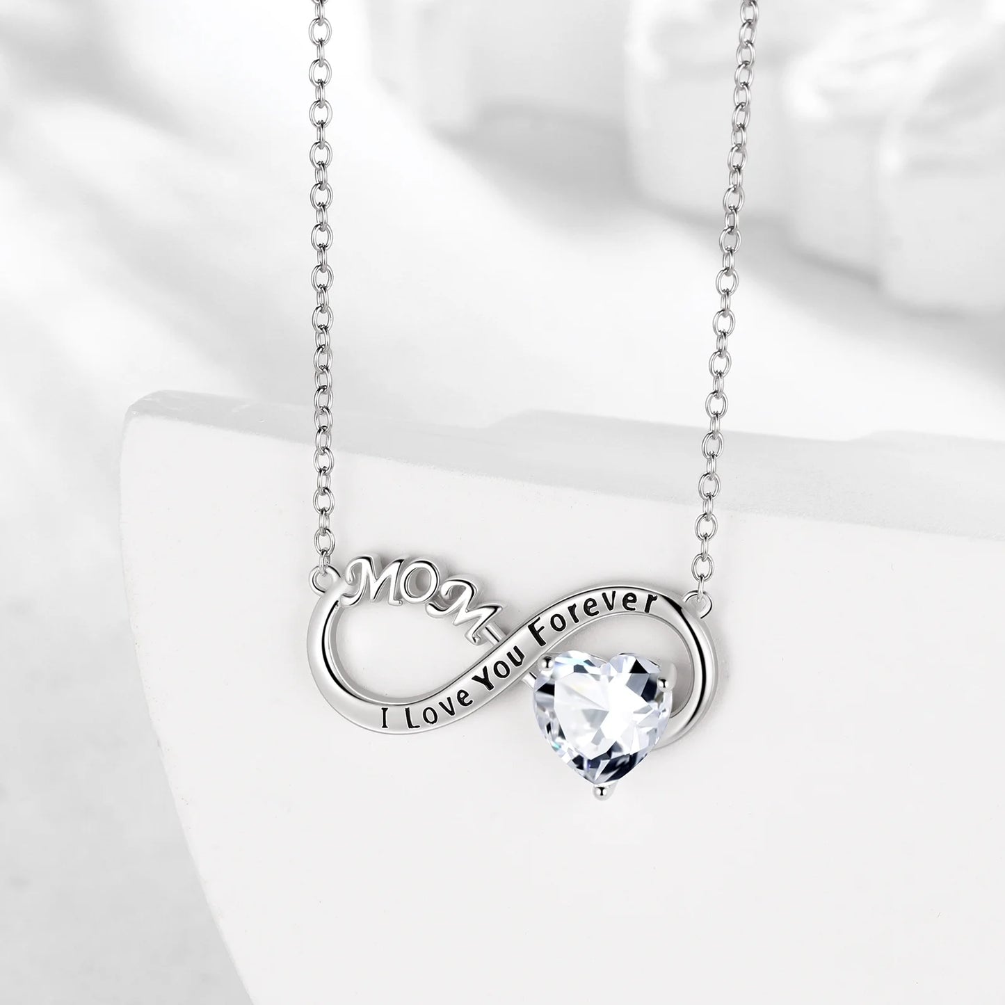 Infinity Heart Necklace for Mom with April Birthstone and White Diamond Pendant, 925 Sterling Silver Jewelry, Birthday Gifts for Women, Mother's Day Gift