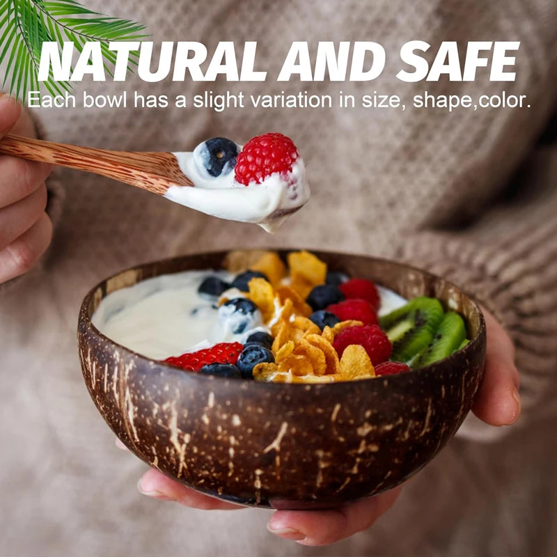 Natural Coconut Bowl Set for Salads and Smoothies with Wooden Ramen Bowls and Spoons - Eco-Friendly Kitchen Tableware