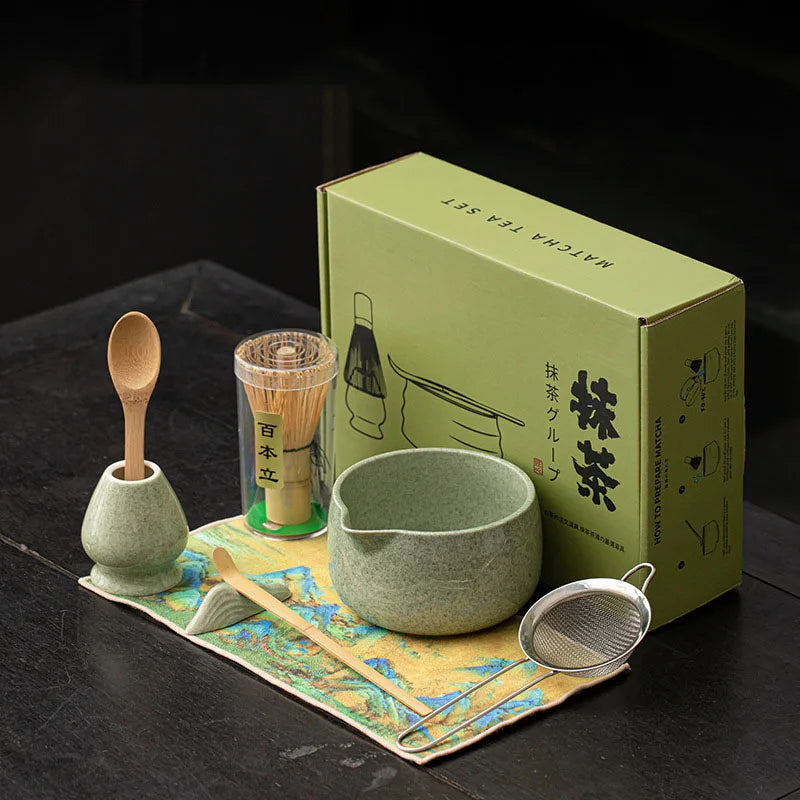 8PCS Matcha Whisk Set Bamboo Tea Brush Ceramic Japanese Exquisite Matcha Bowl Box with Whisk Sumptuous for Tea Lovers Tools