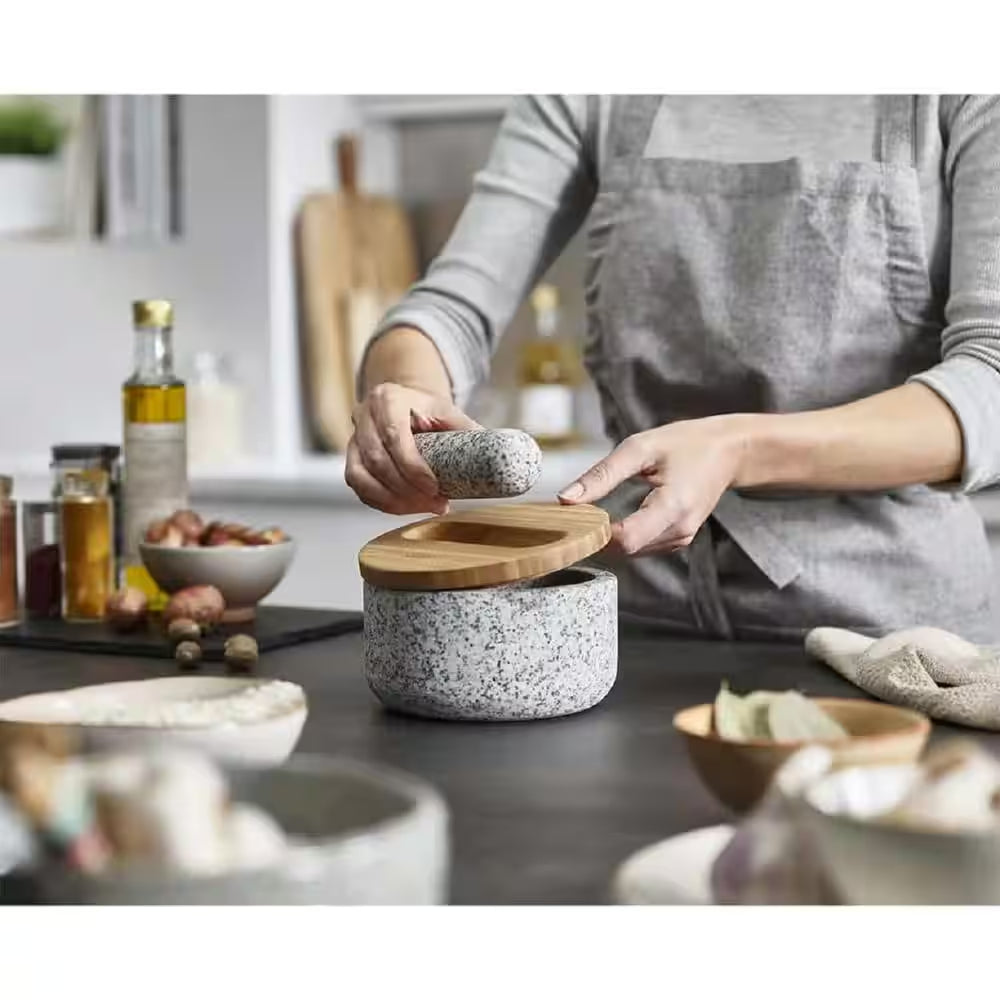 Heavy-Duty Natural Granite Mortar and Pestle Set with Bamboo Lid - 5 Inch, Dust-Free Design in Gray