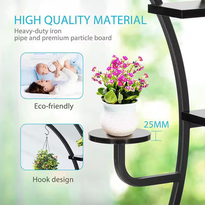 6-Tier 9 Potted Steel-Wood Curved Plant Stand with Hanger in Black
