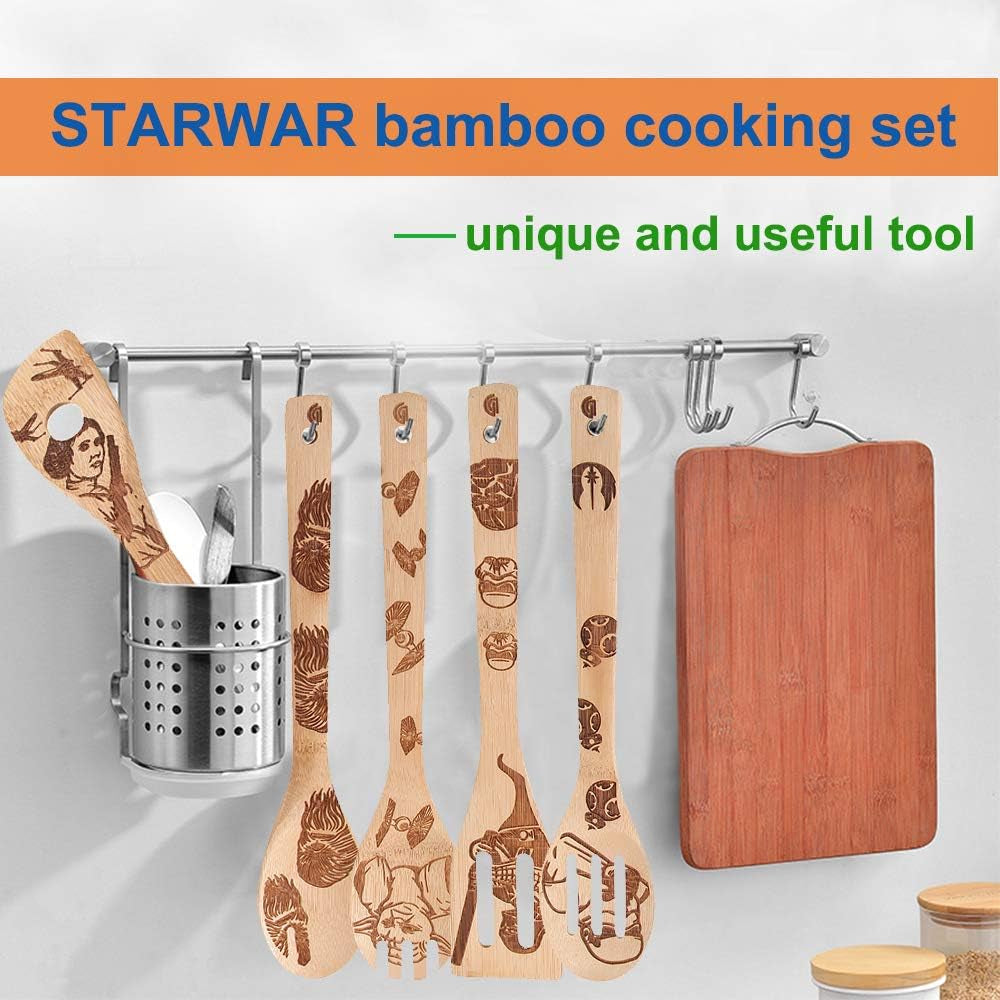 Set of 5 Star Wars Themed Burned Wooden Cooking Spoons and Spatulas - Organic, Non-Stick Kitchen Utensils - Ideal Premium Quality Gifts for Housewarming and Weddings