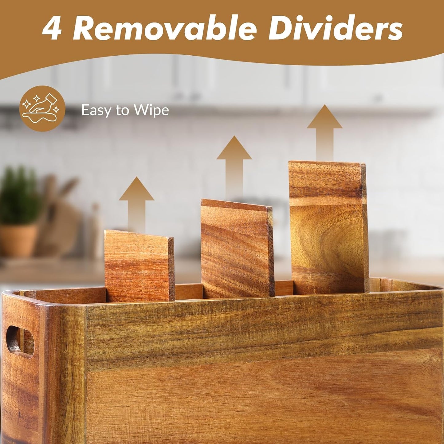 Extra Large Acacia Wood Kitchen Utensil Holder with 4 Compartments - Sturdy Organizer for Cooking Tools and Silverware, Rustic Minimalist Design