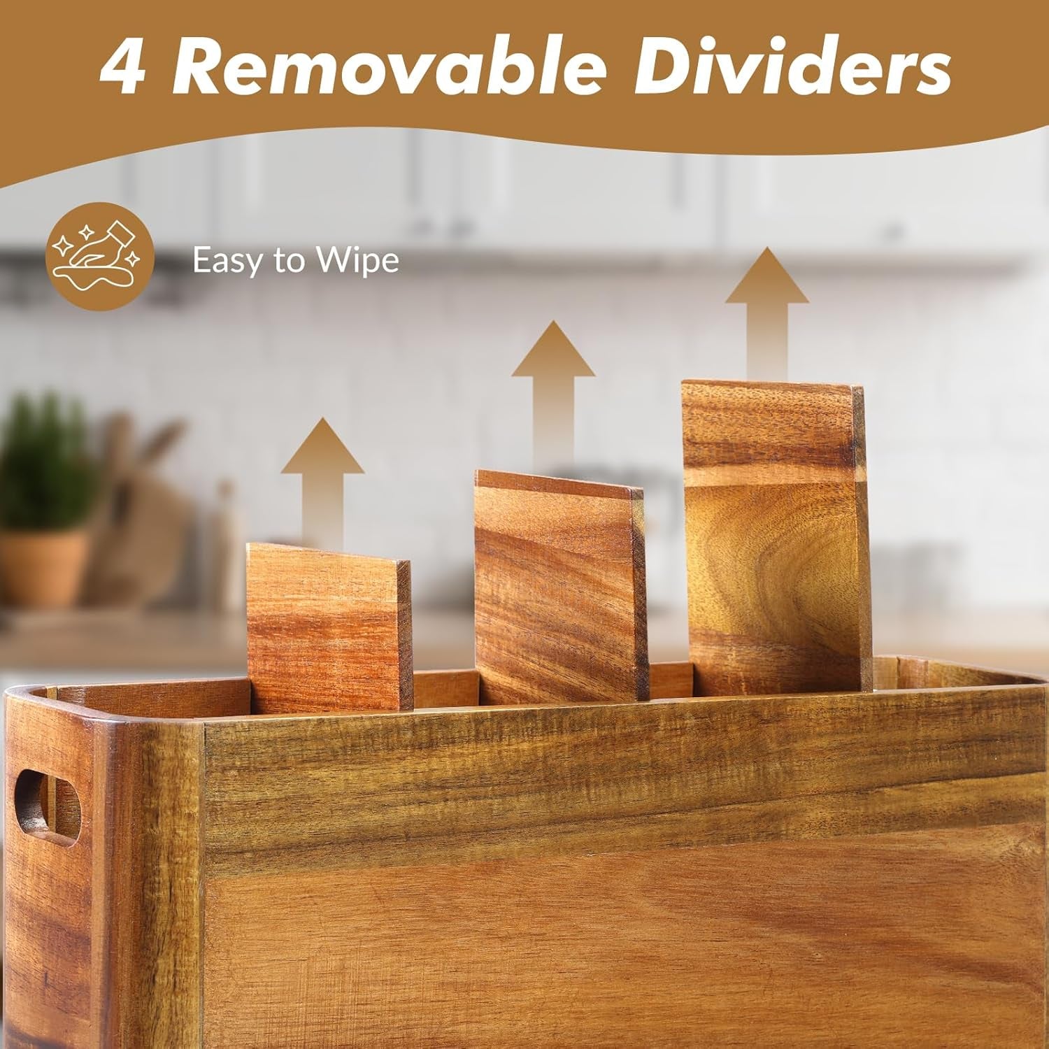 Extra Large Acacia Wood Kitchen Utensil Holder with 4 Compartments - Sturdy Organizer for Cooking Tools and Silverware, Rustic Minimalist Design