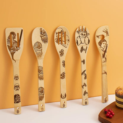 Set of 5 Star Wars Themed Burned Wooden Cooking Spoons and Spatulas - Organic, Non-Stick Kitchen Utensils - Ideal Premium Quality Gifts for Housewarming and Weddings