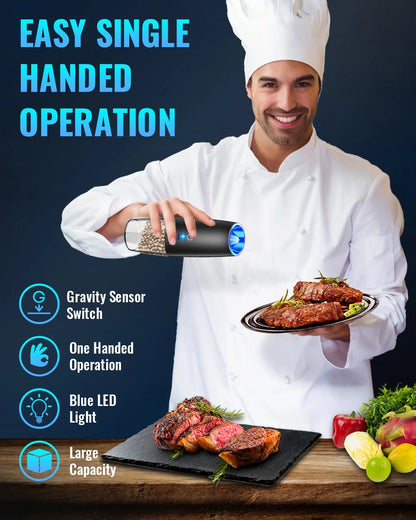 Rechargeable Electric Gravity Salt and Pepper Mill Set - No Batteries Required, Black