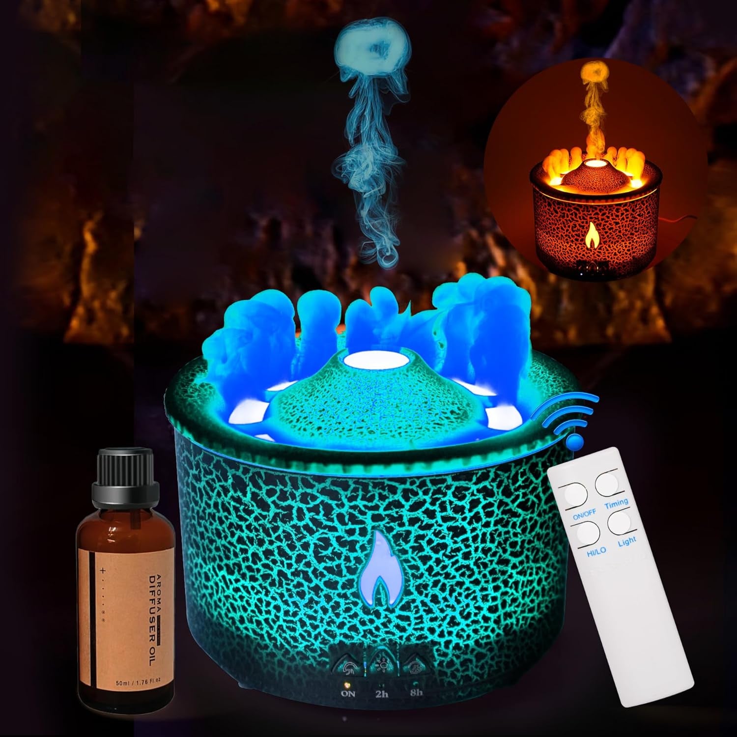 Aroma Essential Oil Diffuser 360ml with Volcano and Flame Design, Includes 1.76oz Hotel Collection Essential Oils, Adjustable Blue/Red Light Selection, Ideal for Large Rooms (Black Cracks)